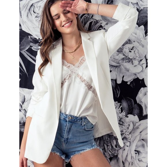 NEW Classic Collar Mid Length Side Pocket Open Front Cardigan Long Blazer Ivory - Picture 8 of 10